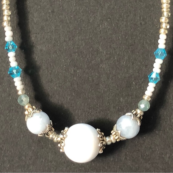 HAND CRAFTED Upcycled Blue White Silver Necklace earring set Feminine Delicate - Picture 14 of 14